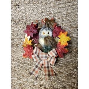 Fall Owl Wall Wreath Home Decor Resin Wood Leaves Acorn Front Door 8.5"